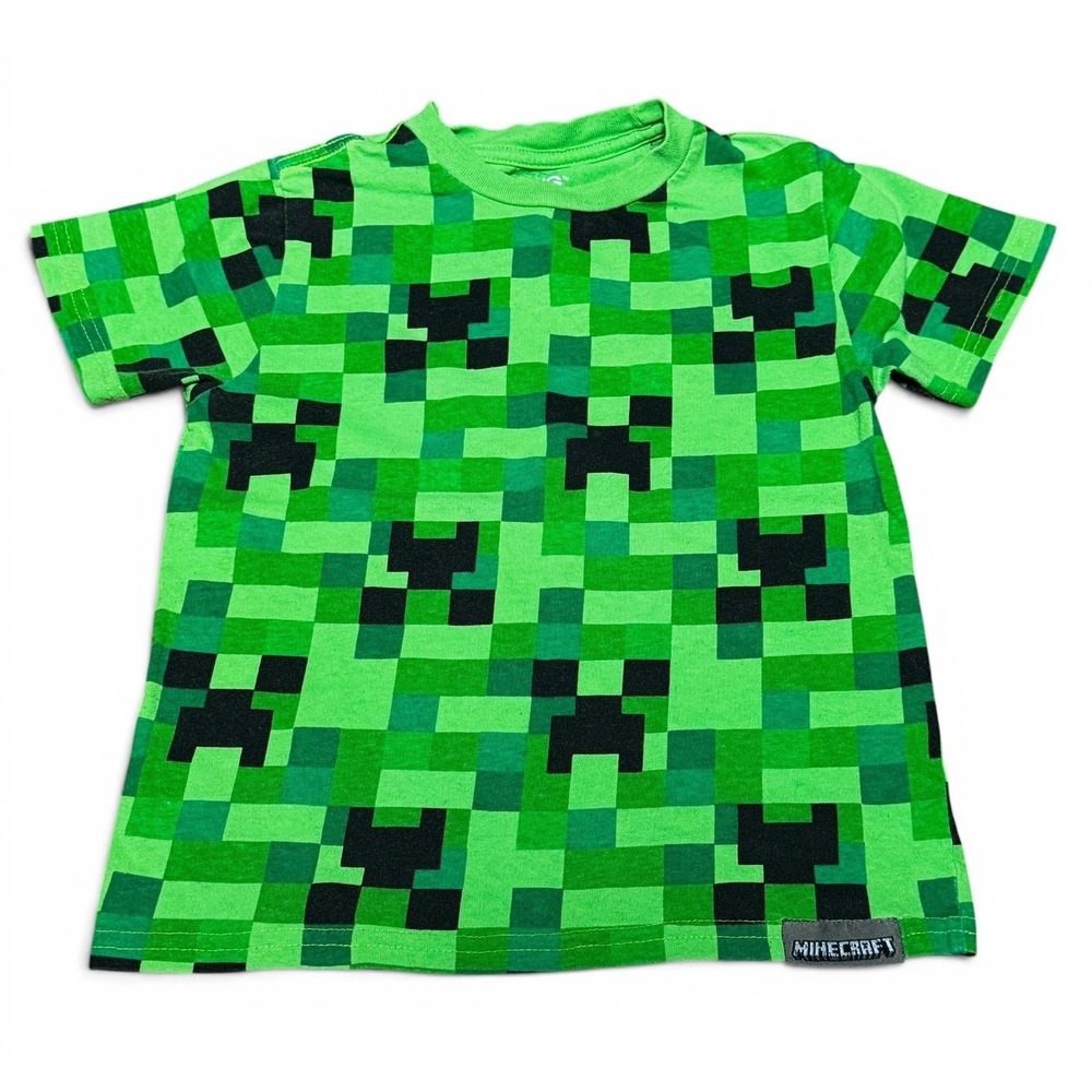 Minecraft Creeper Boys XS Green Graphic T-Shirt Pixel Print Mojang JINX